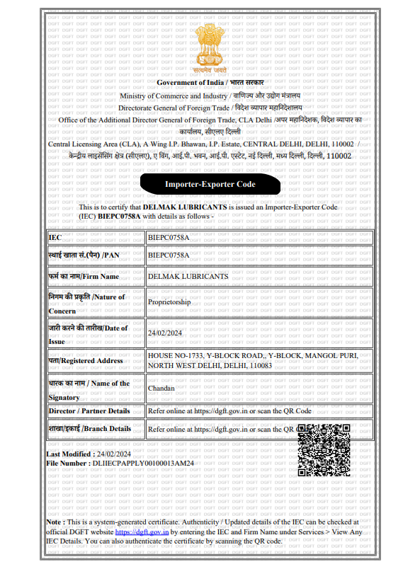 Import Export Certificate - Delmak Lubricants